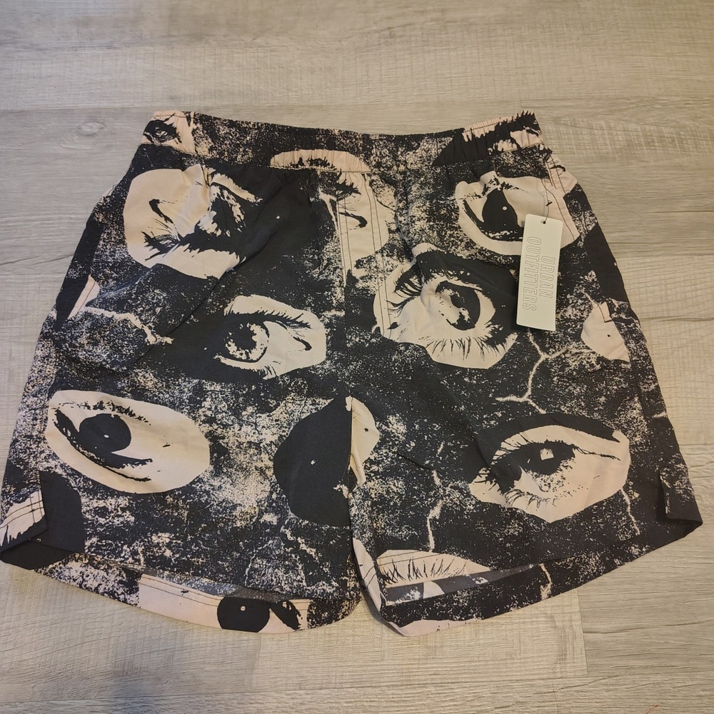 Urban Outfitters Men Eye Print Swim Trunks Black White Graphic Shorts Medium NWT